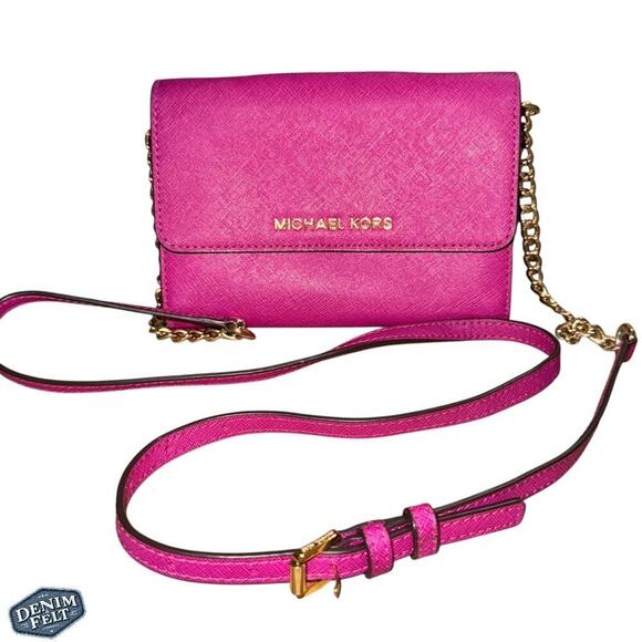 Michael Kors Fuchsia/Rasberry/Gold Saffiano Leather Chain Link Crossbody Bag - Picture 1 of 15